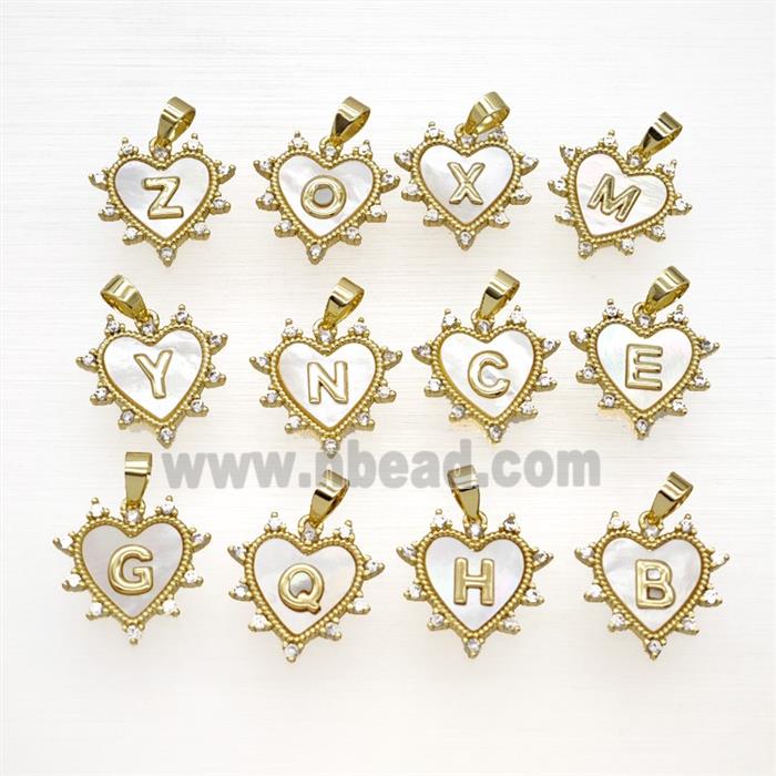 Copper Alphabet Heart Pendant Pave Zirconia Shell Gold Plated Mixed Letters
