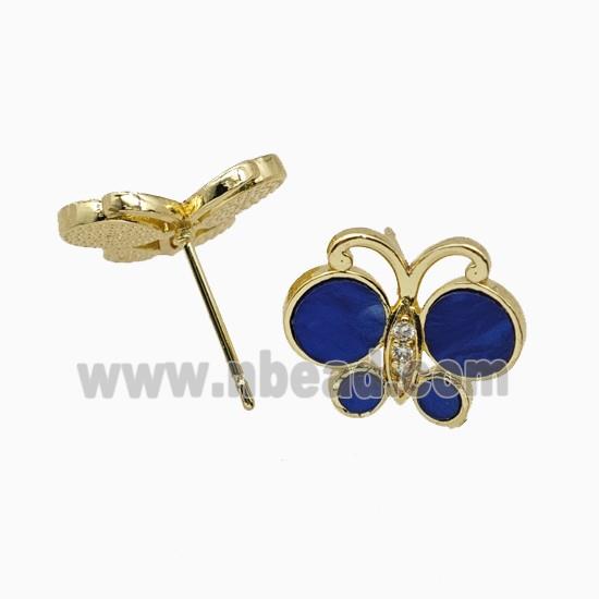 Copper earring studs Pave Zircon, Butterfly, Gold Plated