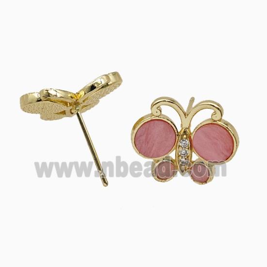 Copper earring studs Pave Zircon, Butterfly, Gold Plated