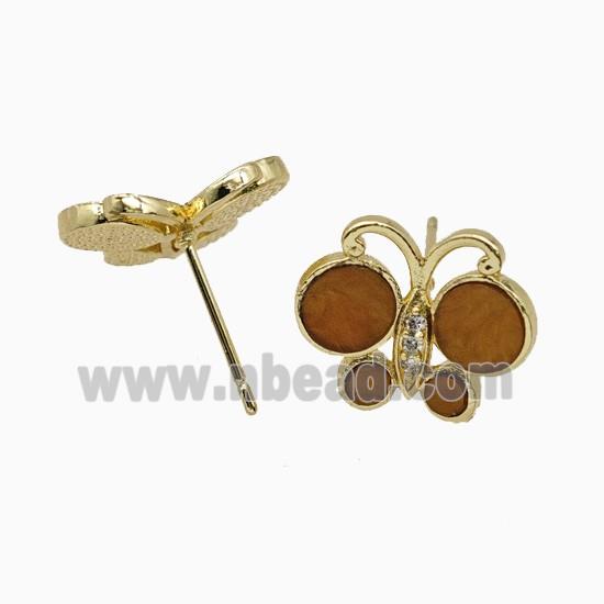Copper earring studs Pave Zircon, Butterfly, Gold Plated