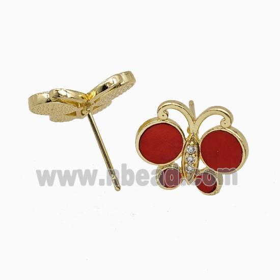 Copper earring studs Pave Zircon, Butterfly, Gold Plated