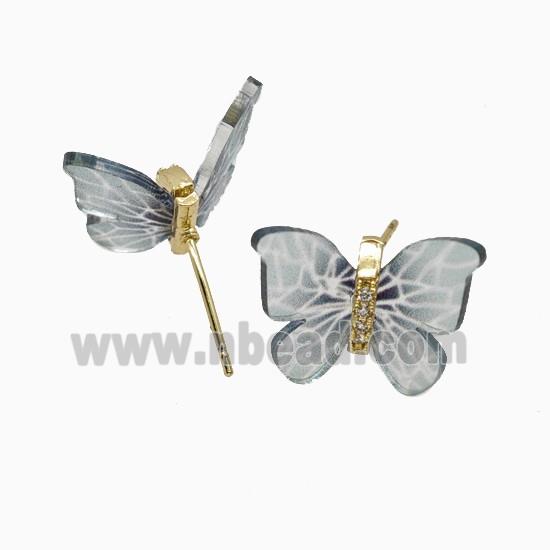 Copper earring studs Pave Zircon, Butterfly, Gold Plated