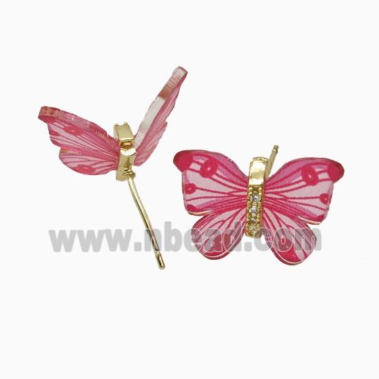 Copper earring studs Pave Zircon, Butterfly, Gold Plated