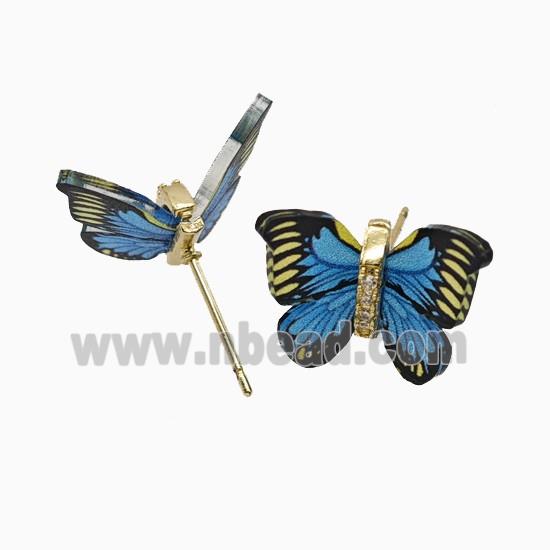 Copper earring studs Pave Zircon, Butterfly, Gold Plated