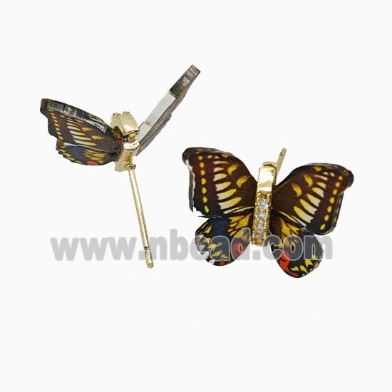 Copper earring studs Pave Zircon, Butterfly, Gold Plated
