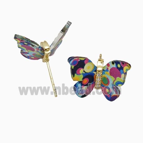 Copper earring studs Pave Zircon, Butterfly, Gold Plated
