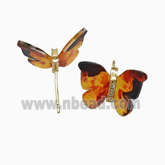 Copper earring studs Pave Zircon, Butterfly, Gold Plated