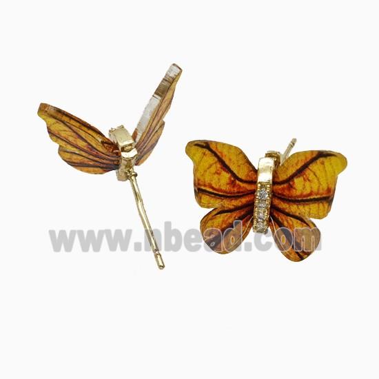 Copper earring studs Pave Zircon, Butterfly, Gold Plated