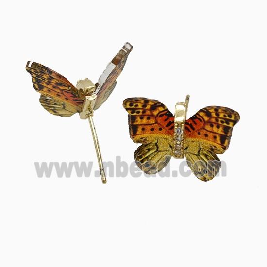Copper earring studs Pave Zircon, Butterfly, Gold Plated