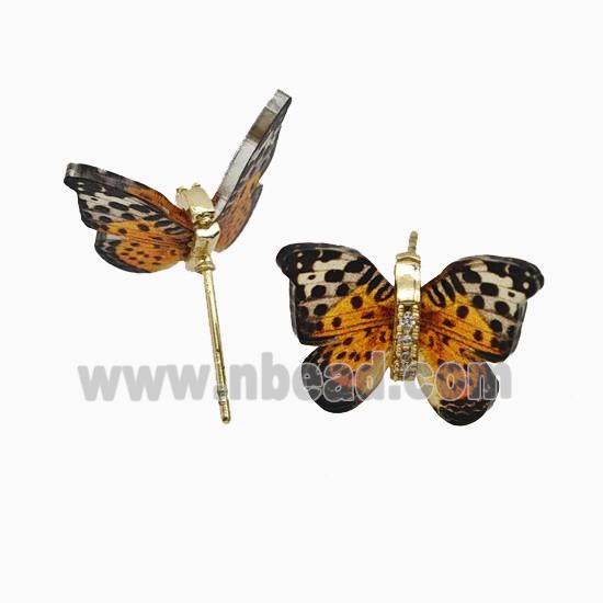 Copper earring studs Pave Zircon, Butterfly, Gold Plated