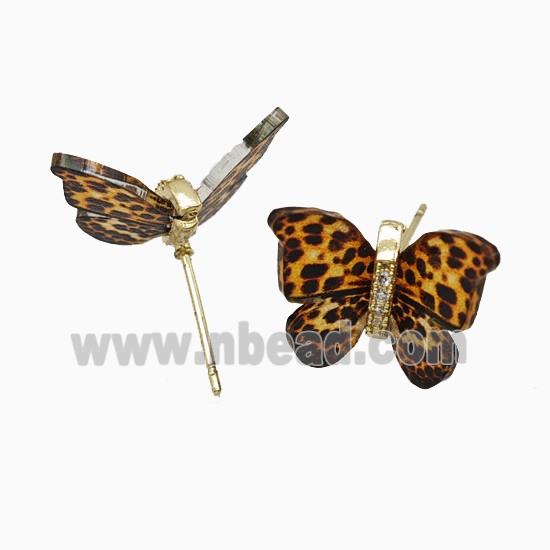Copper earring studs Pave Zircon, Butterfly, Gold Plated
