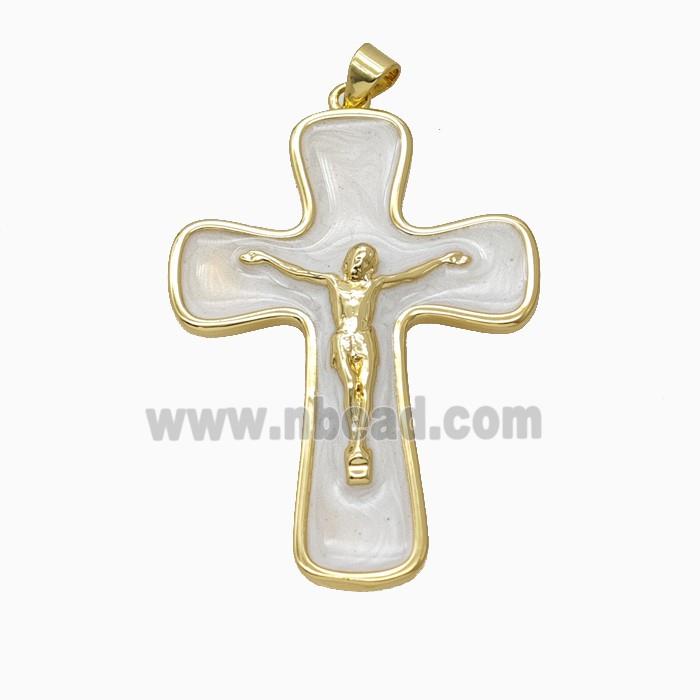 Copper Crucifix Cross Pendant White Enamel Gold Plated