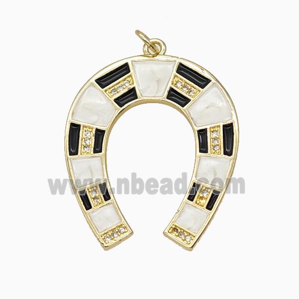 Copper Horse-Shoe Pendant Pave Zirconia Black White Enamel Gold Plated