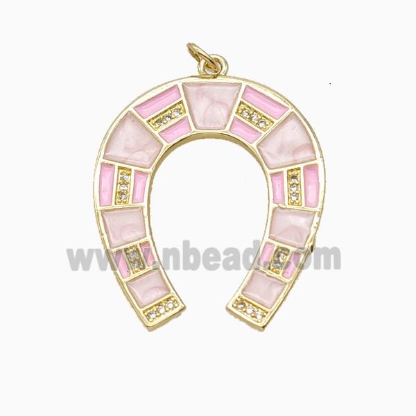 Copper Horse-Shoe Pendant Pave Zirconia Pink Enamel Gold Plated