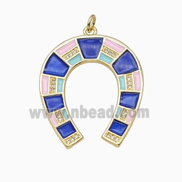 Copper Horse-Shoe Pendant Pave Zirconia Blue Enamel Gold Plated