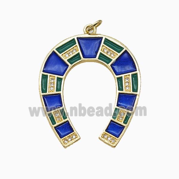 Copper Horse-Shoe Pendant Pave Zirconia Blue Enamel Gold Plated