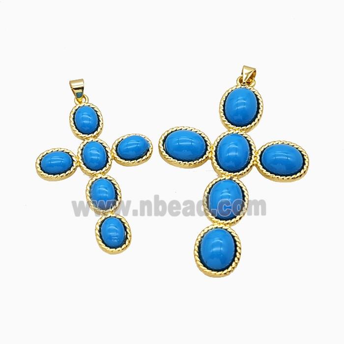 Copper Cross Pendant Pave Blue Jadeite Glass Gold Plated