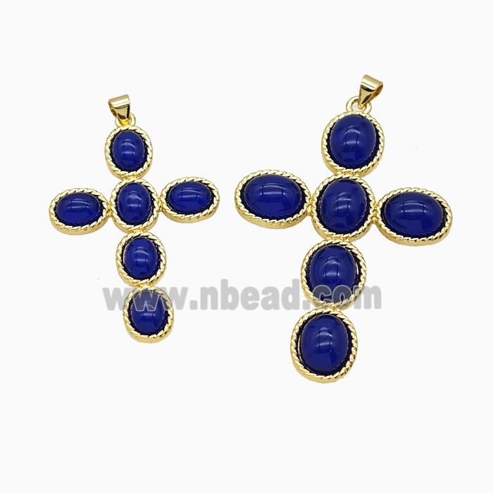 Copper Cross PEndant Pave Blue Catseye Glass Gold Plated