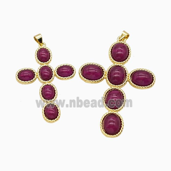 Copper Cross PEndant Pave Red Catseye Glass Gold Plated