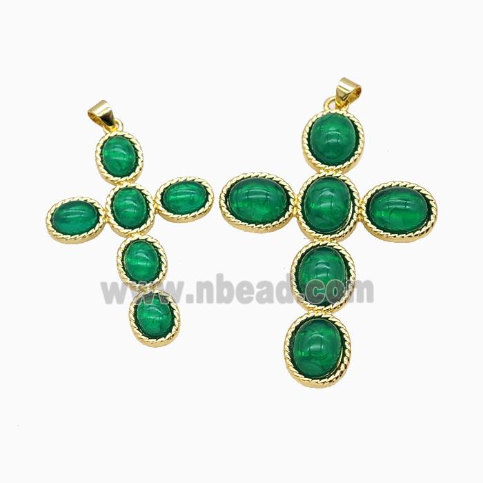 Copper Cross PEndant Pave Green Catseye Glass Gold Plated