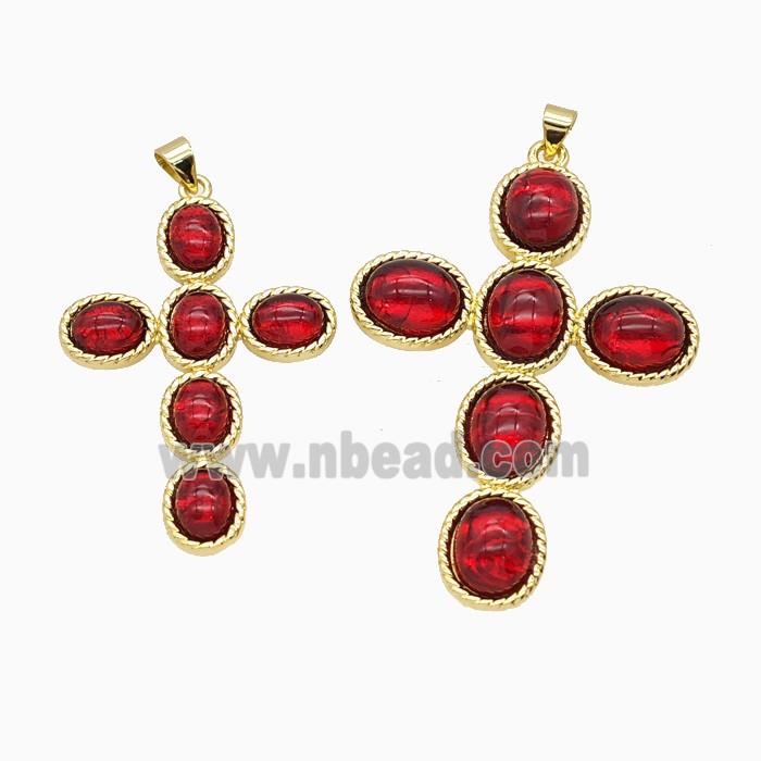 Copper Cross PEndant Pave Red Catseye Glass Gold Plated