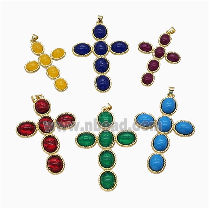 Copper Cross PEndant Pave Catseye Glass Gold Plated Mixed