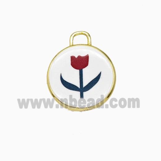 Copper Circle Pendant Painted Flower Gold Plated