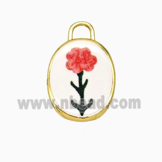 Copper Oval Pendant Painted Flower Gold Plated