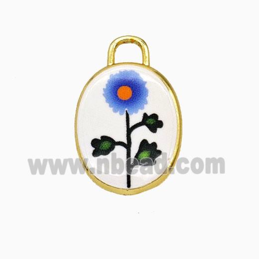 Copper Oval Pendant Painted Flower Gold Plated