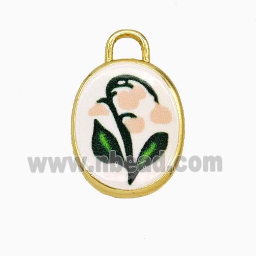Copper Oval Pendant Painted Flower Gold Plated
