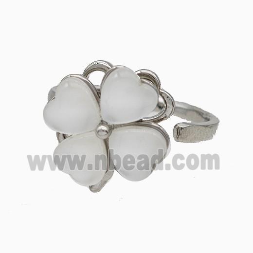 Copper Clover Rings Pave Jadeite Glass Rotatable Adjustable Platinum Plated