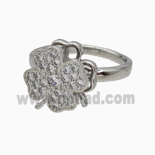 Copper Clover Rings Pave Zirconia Rotatable Adjustable Platinum Plated