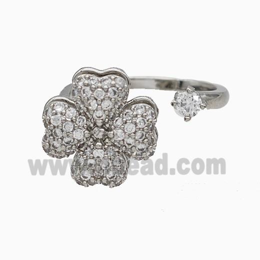 Copper Clover Rings Pave Zirconia Rotatable Adjustable Platinum Plated