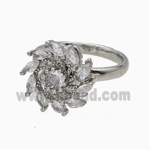 Copper Sunflower Rings Pave Zirconia Rotatable Adjustable Platinum Plated