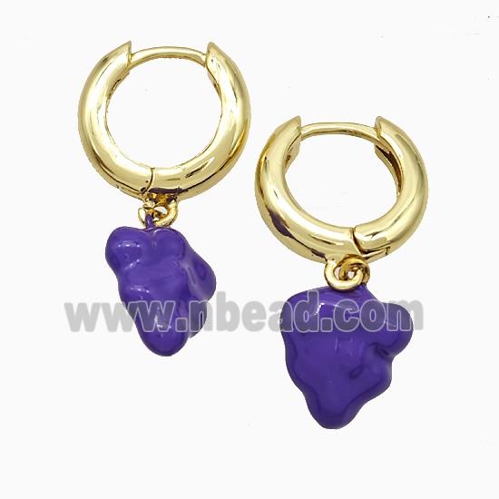 Copper Strawberry Hoop Earrings Purple Enamel Gold Plated