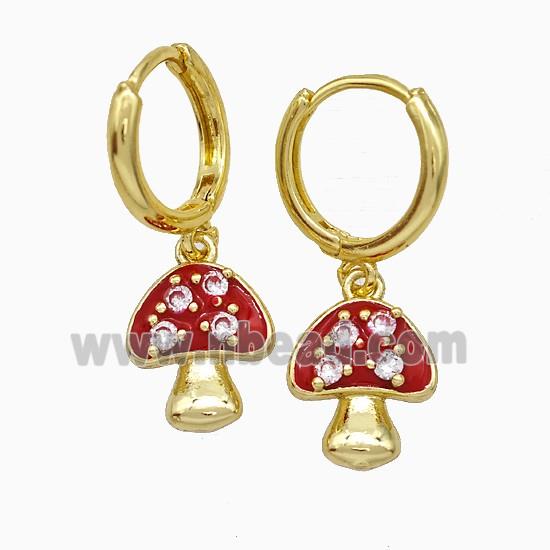 Copper Mushroom Hoop Earrings Pave Zirconia Red Enamel Gold Plated