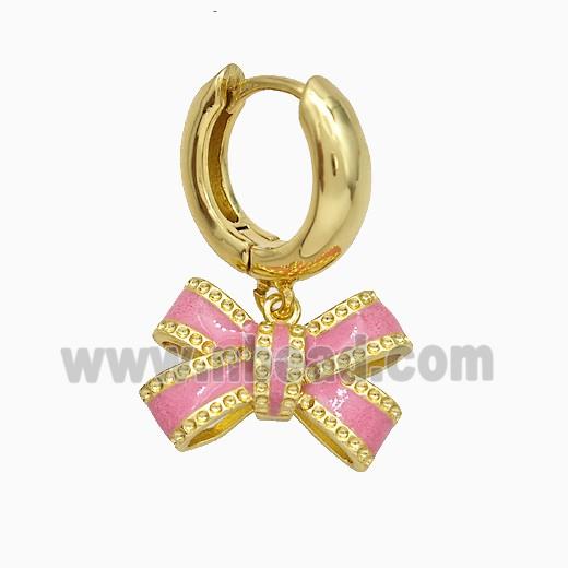 Copper Bowknot Hoop Earrings Pink Enamel Gold Plated
