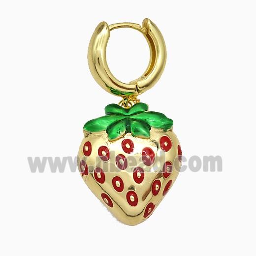 Copper Strawberry Hoop Earrings Red Enamel Gold Plated