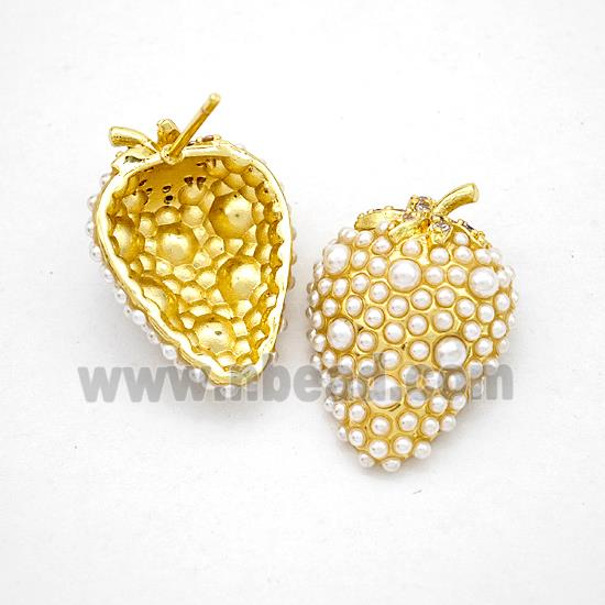 Copper Strawberry Stud Earrings Micropave Pearlized Resin Gold Plated
