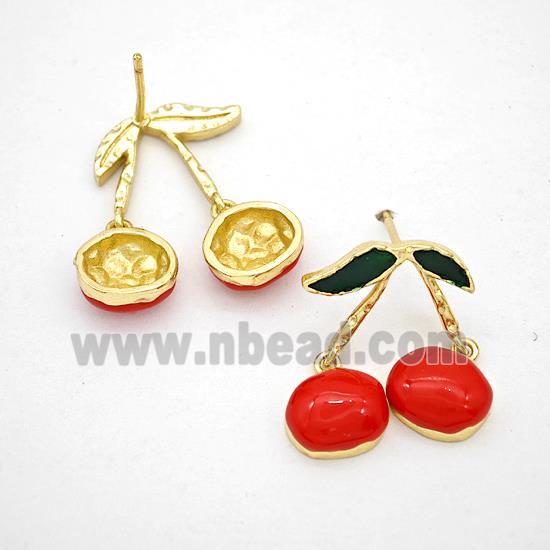 Copper Cherry Stud Earrings Red Enamel Gold Plated