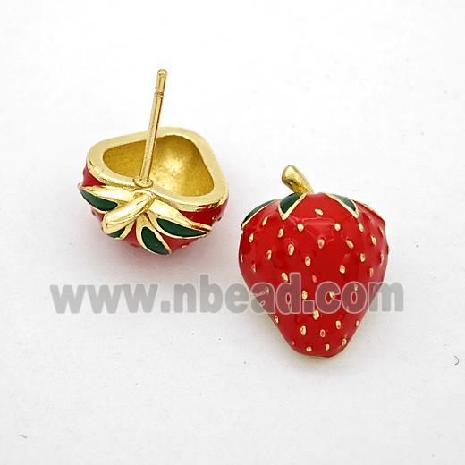 Copper Strawberry Stud Earrings Red Enamel Gold Plated
