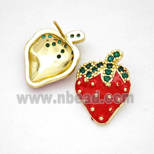 Copper Strawberry Stud Earrings Pave Zirconia Red Enamel Gold Plated