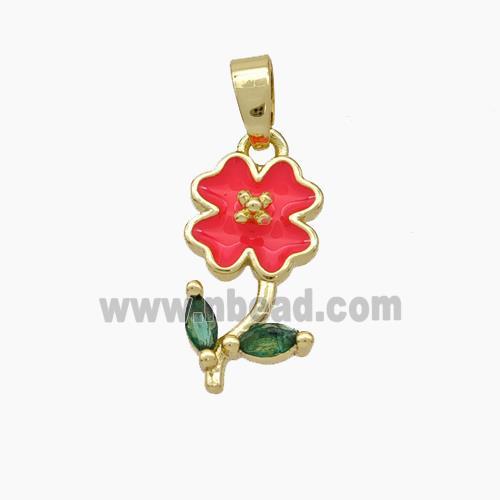 Copper Flower Pendant Pave Zirconia Red Enamel Gold Plated