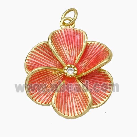 Copper Flower Pendant Lt.red Painted Gold Plated