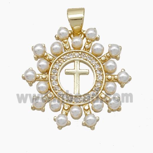 Copper Cross Pendant Pave Zirconia Pearlized Resin Gold Plated