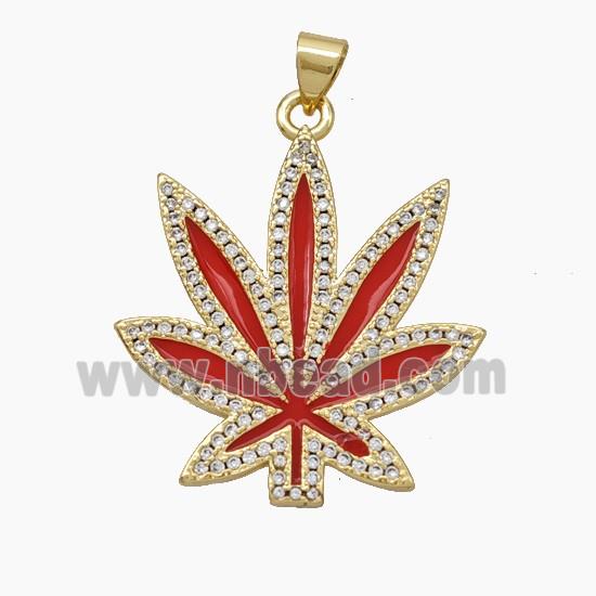 Copper Maple Leaf Pendant Pave Zirconia Red Enamel Gold Plated