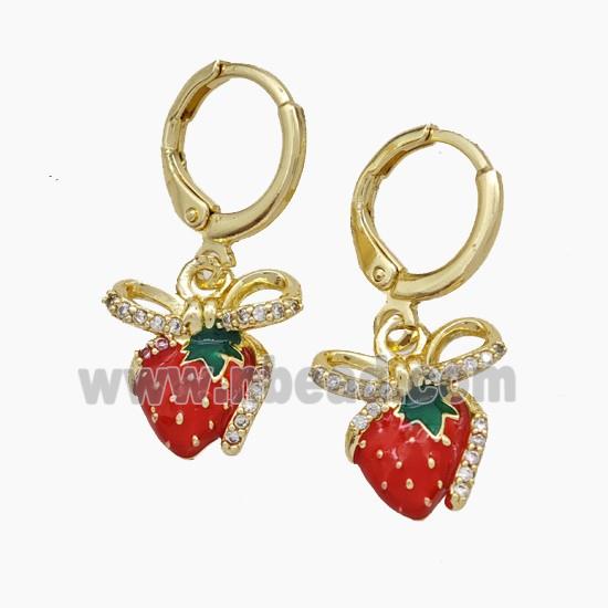 Copper Strawberry Hoop Earrings Pave Zirconia Red Enamel Gold Plated