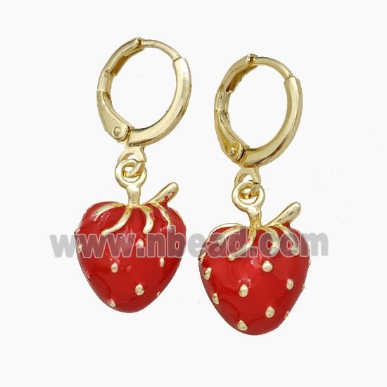 Copper Strawberry Hoop Earrings Red Enamel Gold Plated