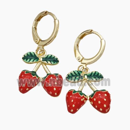 Copper Strawberry Hoop Earrings Red Enamel Gold Plated
