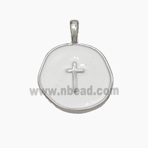 Copper Circle Cross Pendant White Enamel Platinum Plated